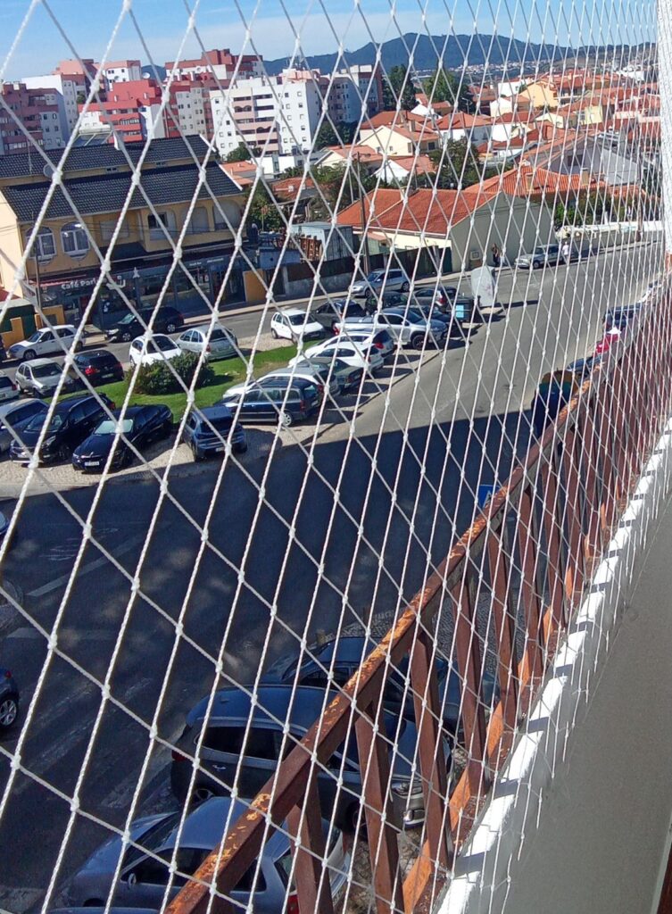 Discussão jurídica em assembleia sobre rede de proteção na varanda